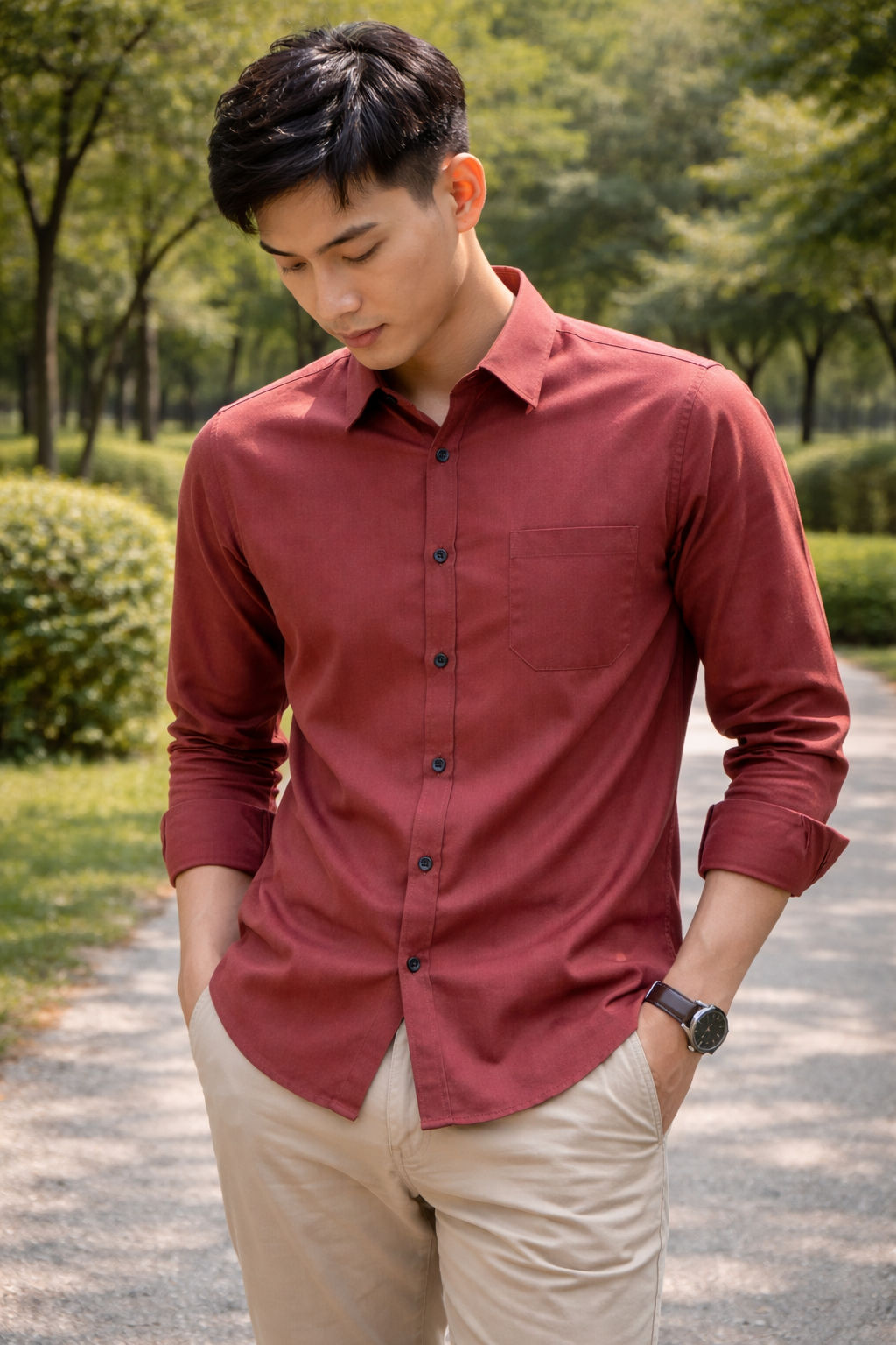 Men's burnt red slim-fit casual shirt, product view
