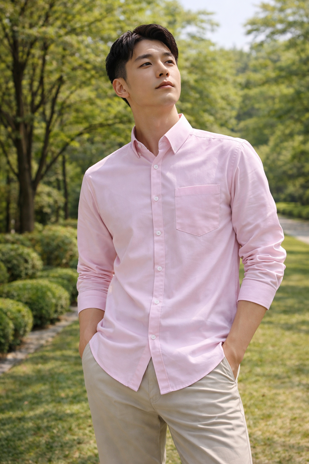 Men's light pink slim-fit casual shirt, product view