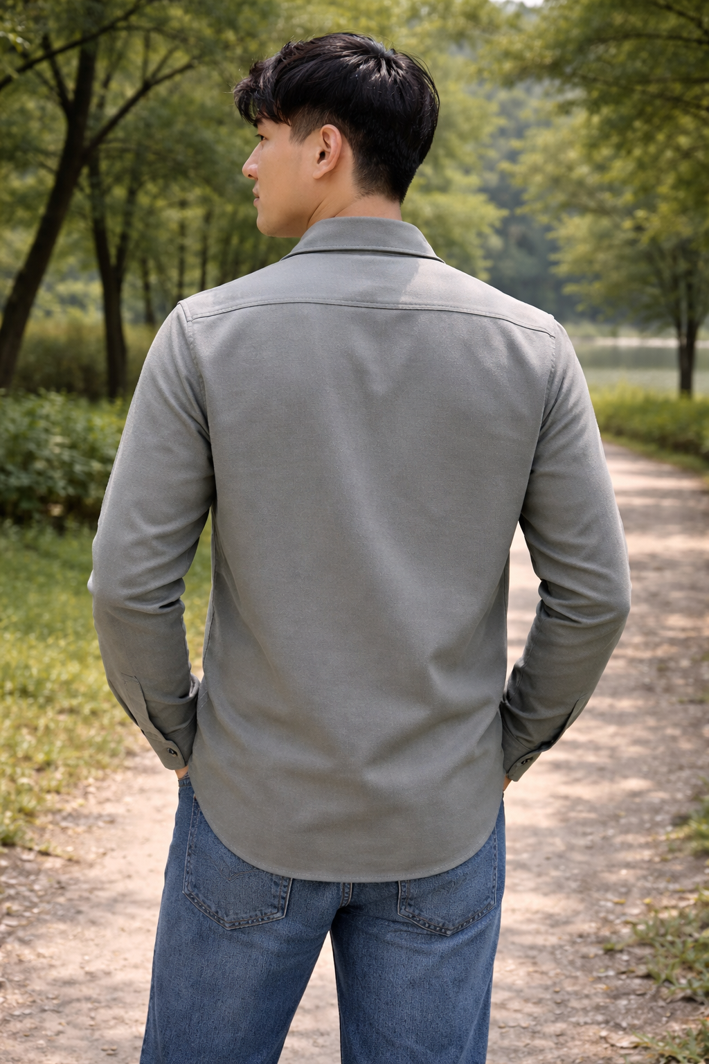 Men's grey slim-fit casual shirt, product view