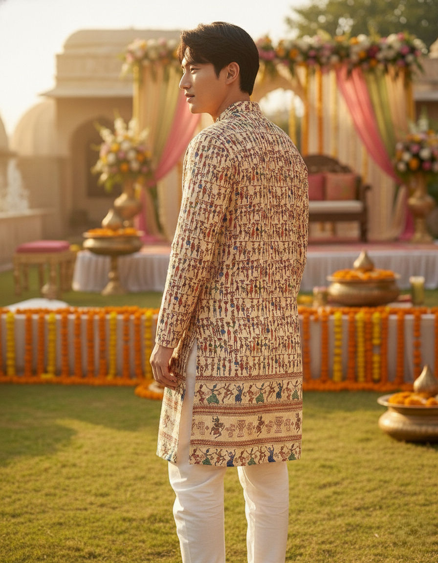 Men’s Cream Figurative Printed Kurta