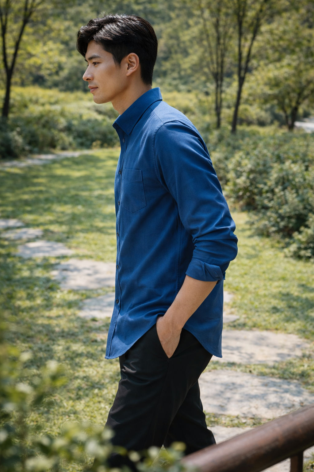 Men's royal blue slim-fit casual shirt, product view