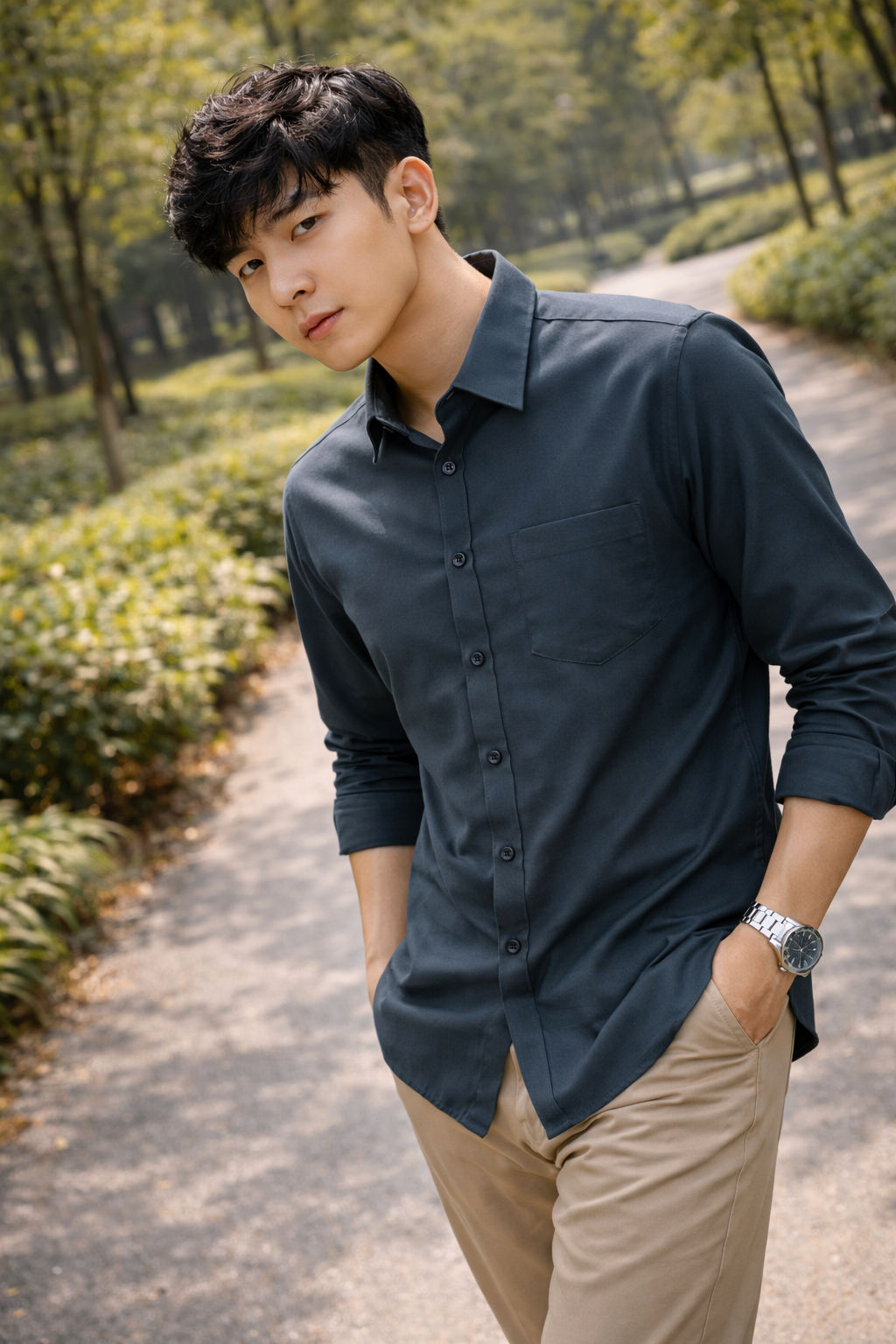 Men's green slim-fit casual shirt, product view