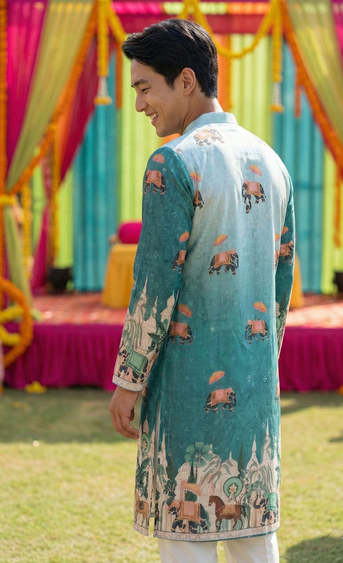 Men’s Blue Elephant Motif Printed Kurta
