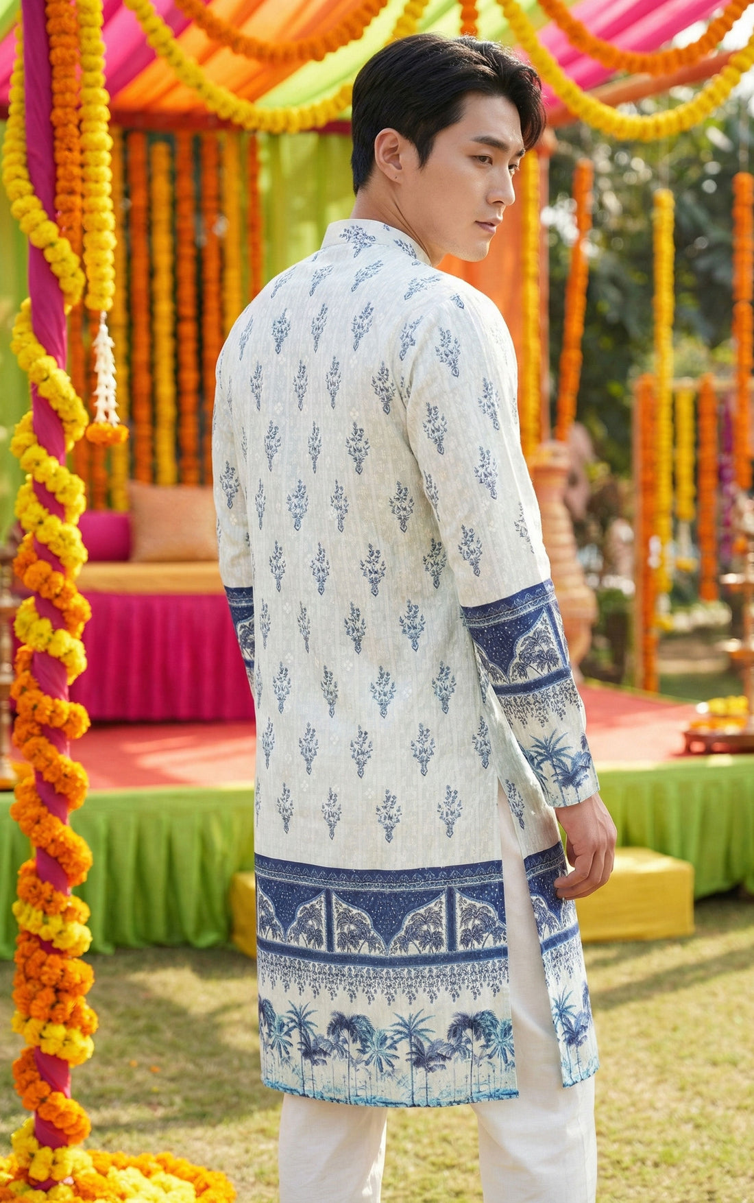 Men’s Cream & Blue Ethnic Motif Printed Kurta