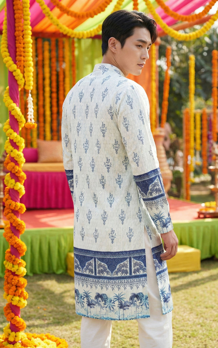 Men’s Cream & Blue Ethnic Motif Printed Kurta 2