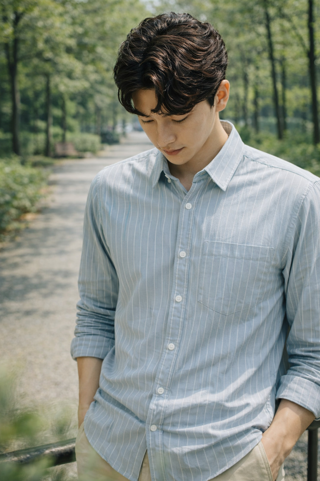 Mens Light Grey Striped Slim Fit Casual Shirt