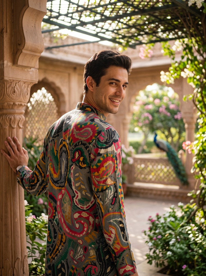 Men's Vibrant Multicolor Paisley Print Art Silk Blend Kurta 9