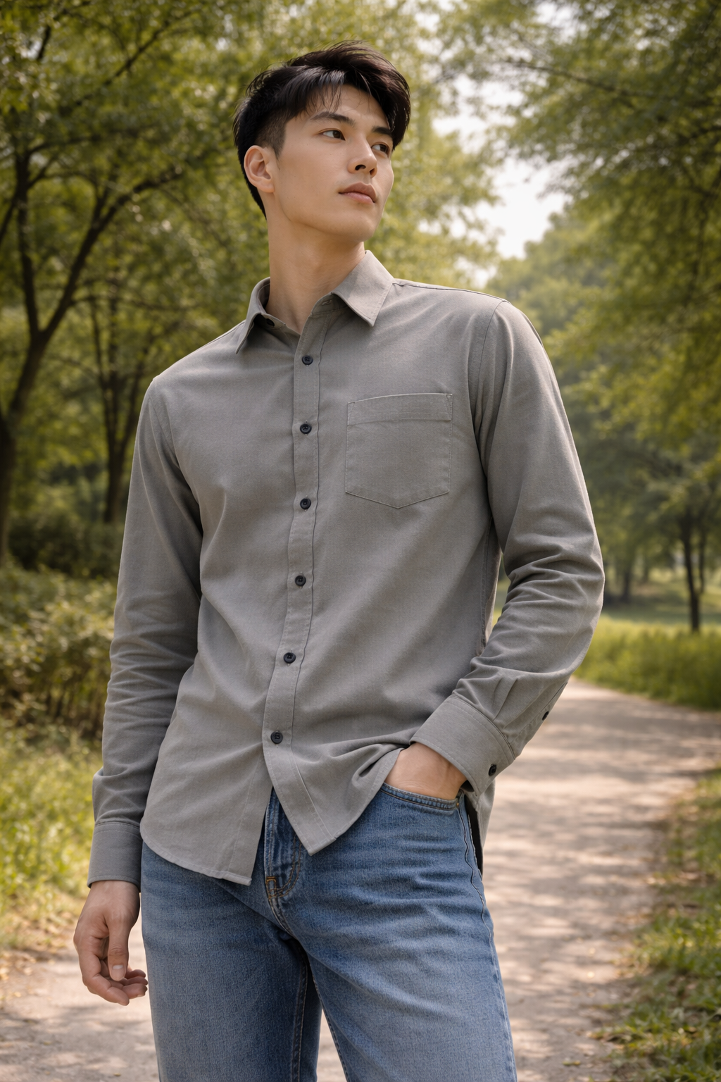 Men's grey slim-fit casual shirt, product view