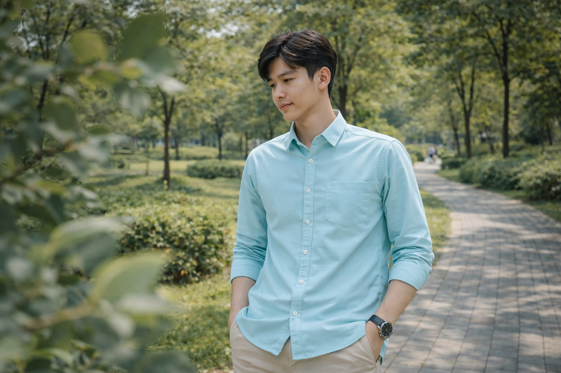 Men's mint blue slim-fit casual shirt, product view