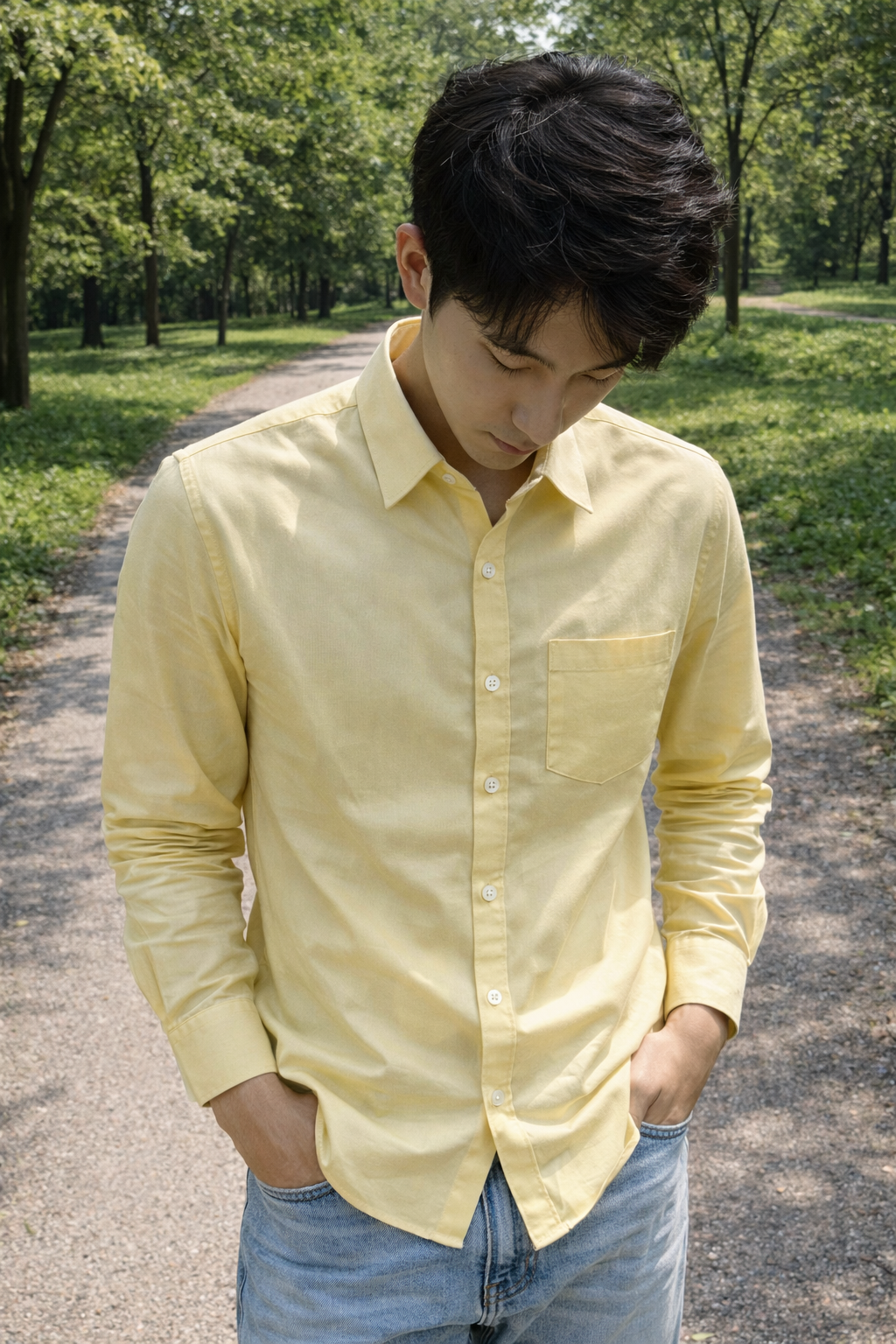 Men's light yellow slim-fit casual shirt, product view