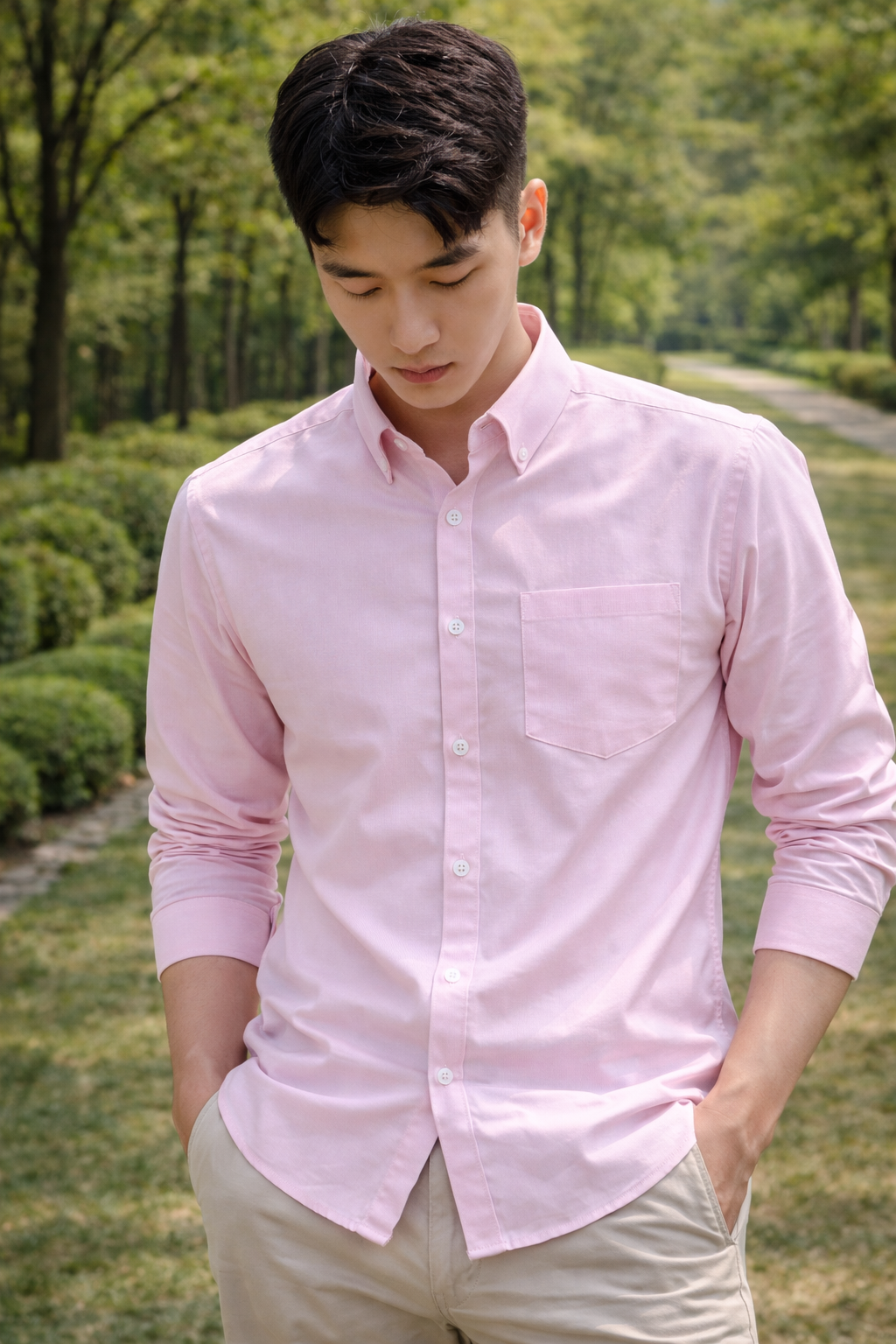 Men's light pink slim-fit casual shirt, product view