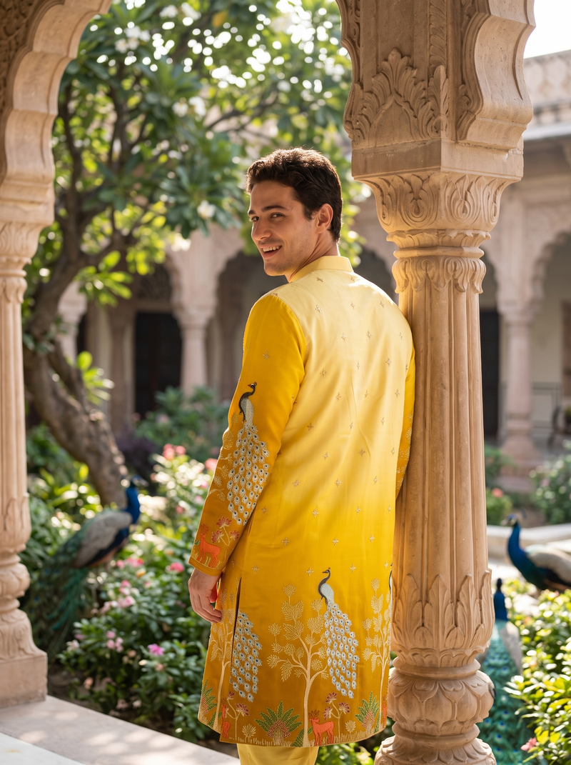 Men's Festive Yellow Ombre Art Silk Kurta with Peacock & Forest Embroidery 9