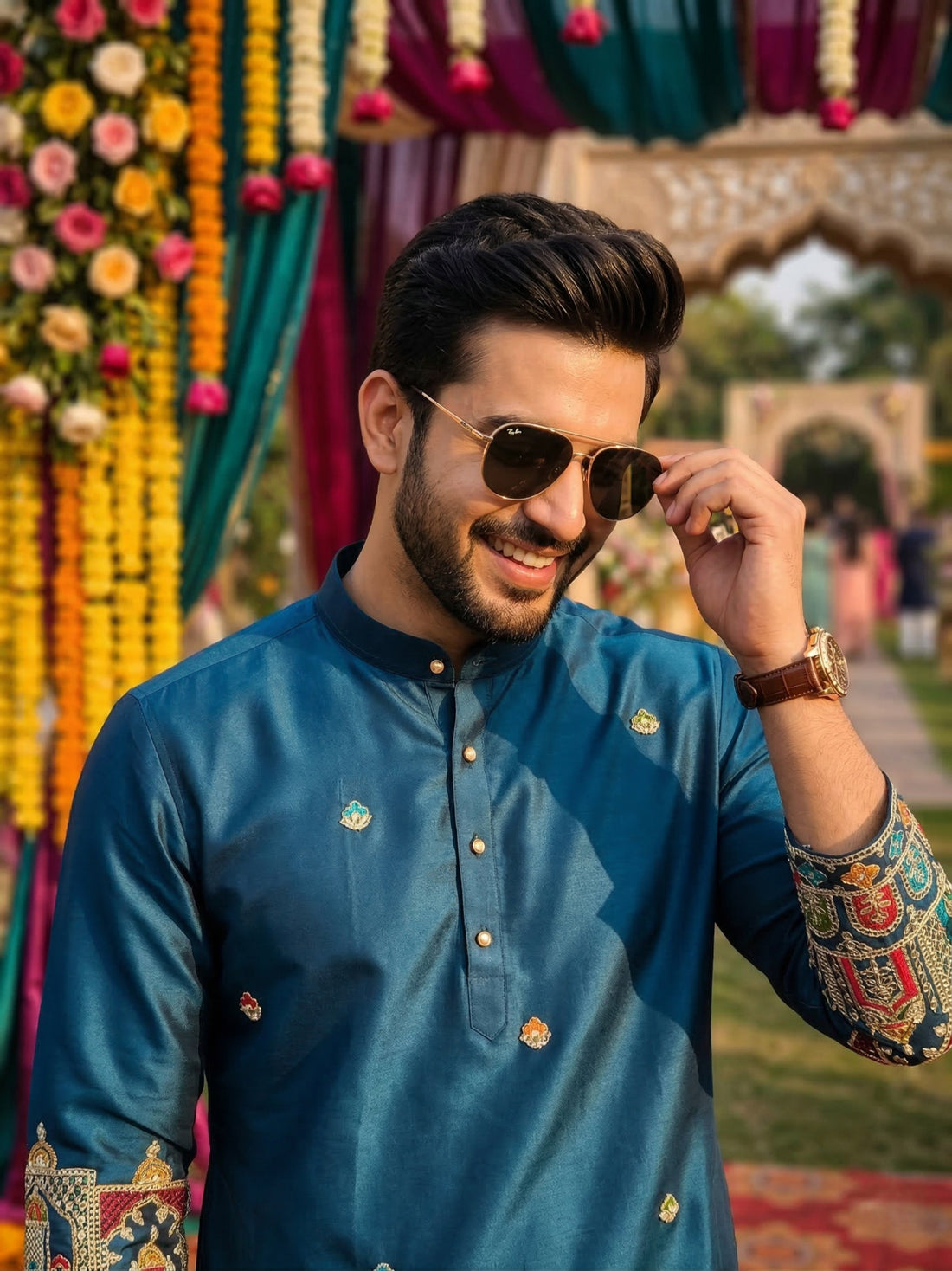 Men Blue Kurta for Festive & Wedding Wear with Ethnic Border