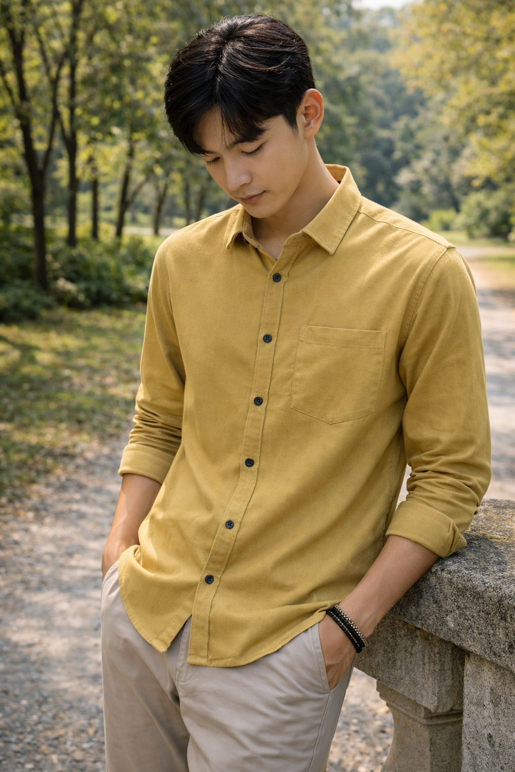Men's mustard yellow slim-fit casual shirt, product view
