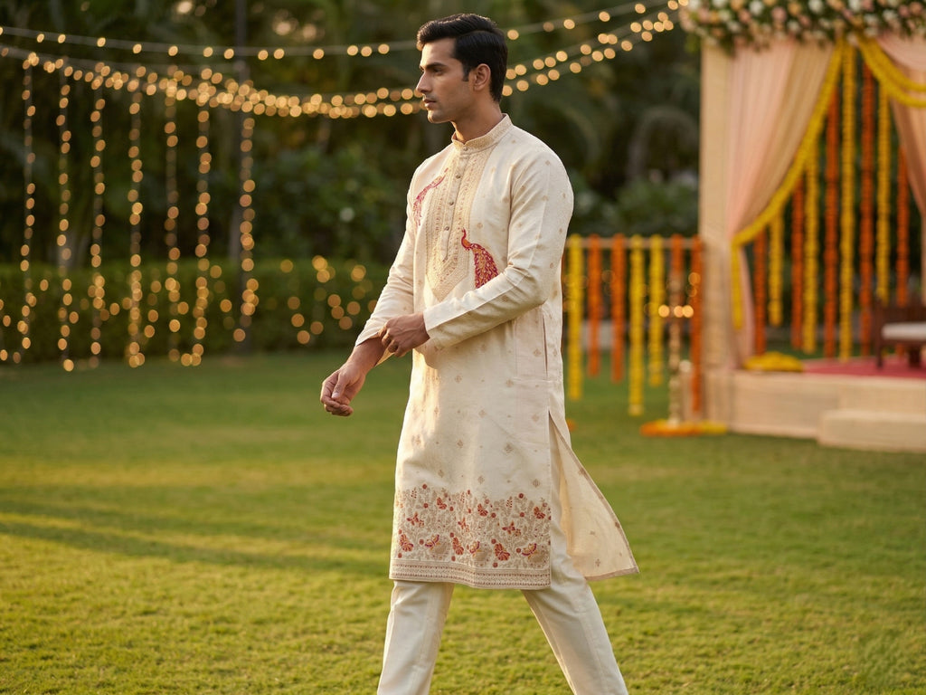 Men Cream Peacock Embroidered Ethnic Kurta with Floral Border