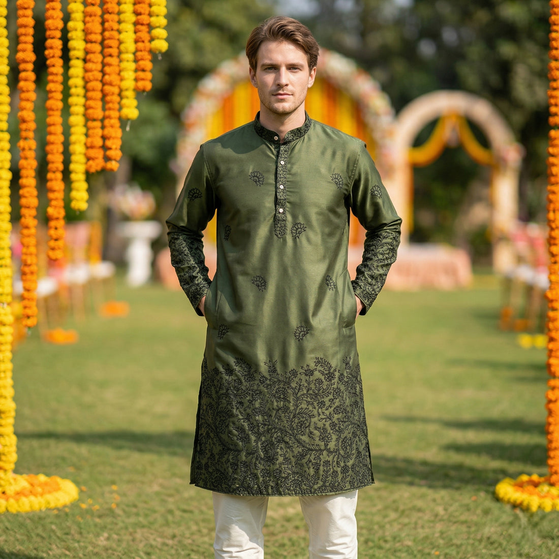 Men Olive Green Embroidered Ethnic Kurta