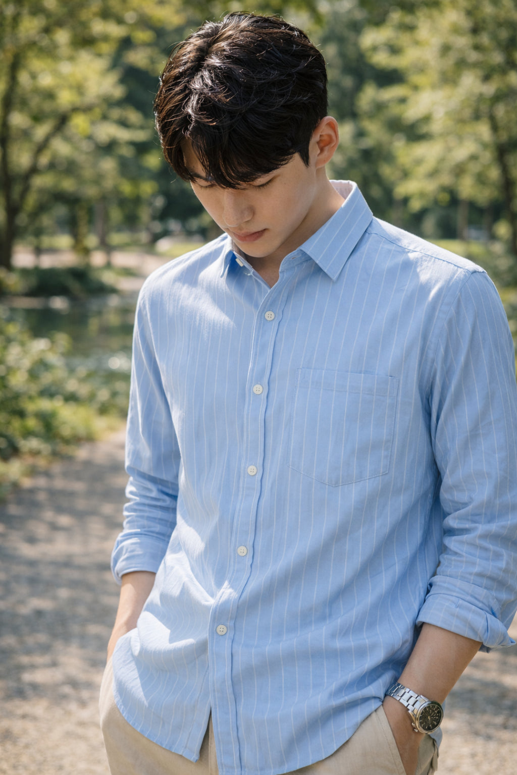 Mens Light Blue Striped Slim Fit Casual Shirt