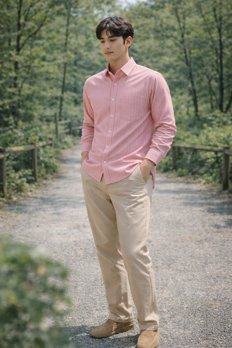 Mens Pink Striped Slim Fit Casual Shirt