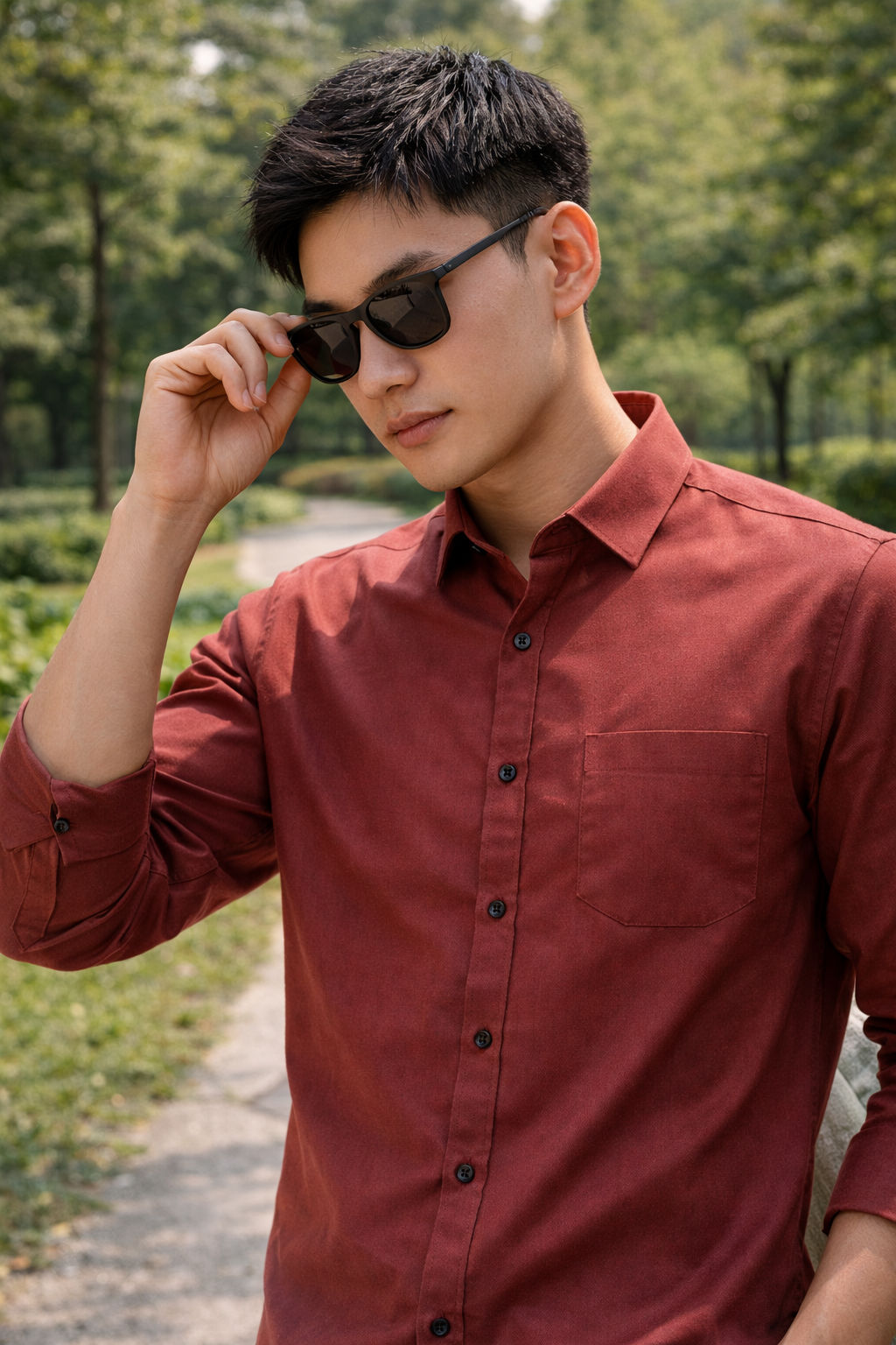 Men's burnt red slim-fit casual shirt, product view