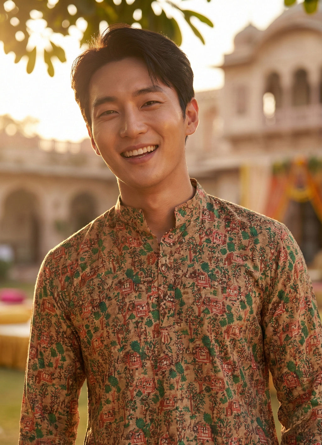 Men Beige Ethnic Village Motif Printed Kurta