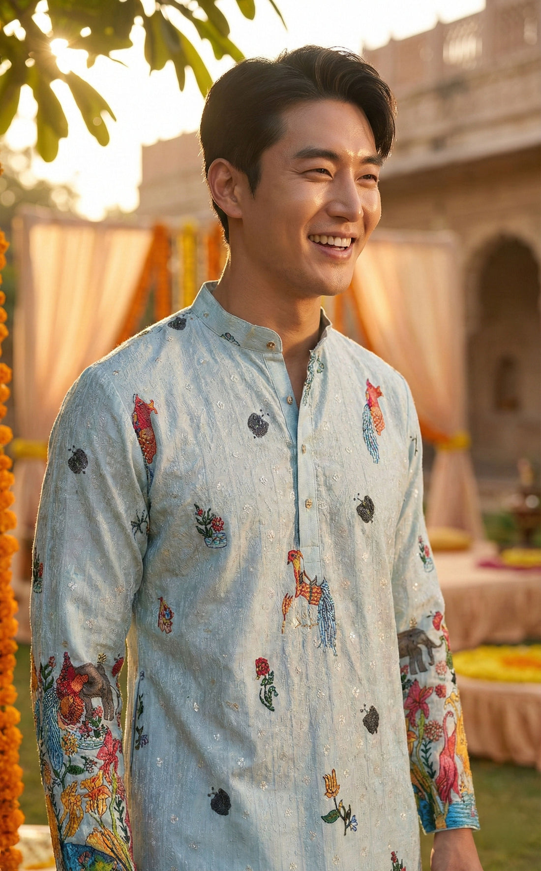 Men’s Pastel Blue Animal & Floral Printed Kurta