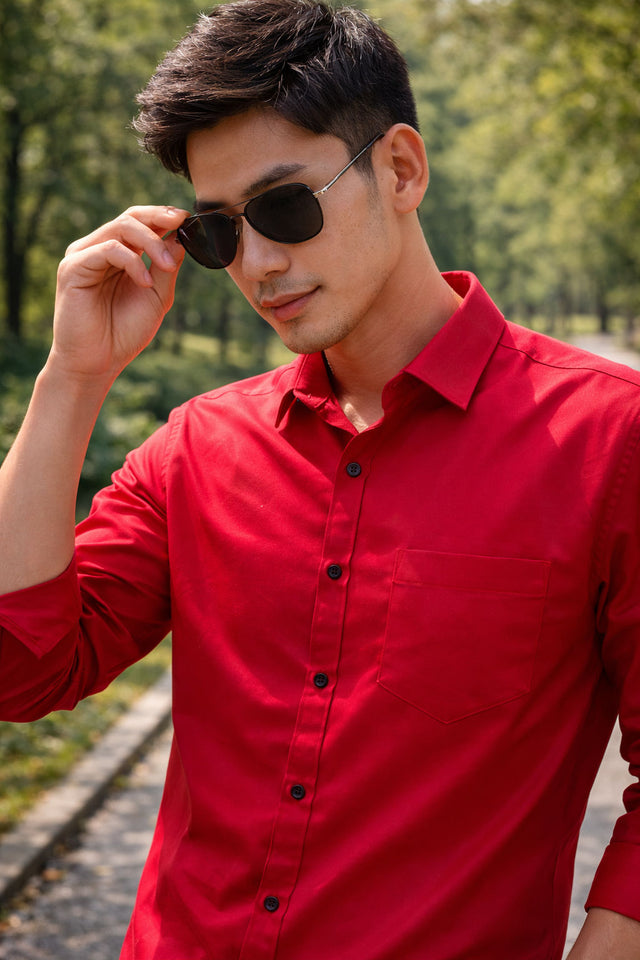 Men's classical red slim-fit casual shirt, product view