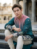 Men's Ombre Teal-Pink Kurta with Intricate Folk Art Embroidery