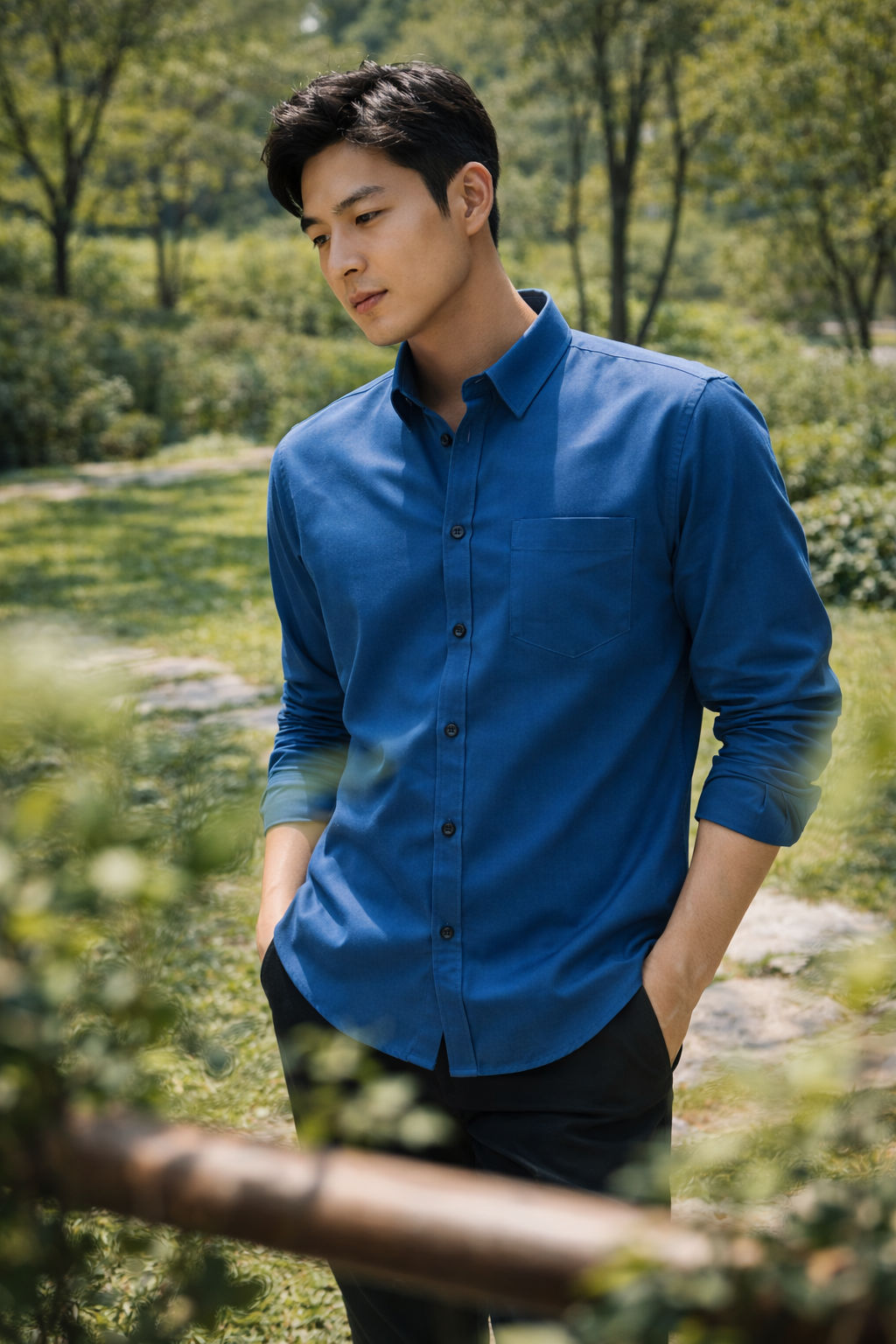 Men's royal blue slim-fit casual shirt, product view