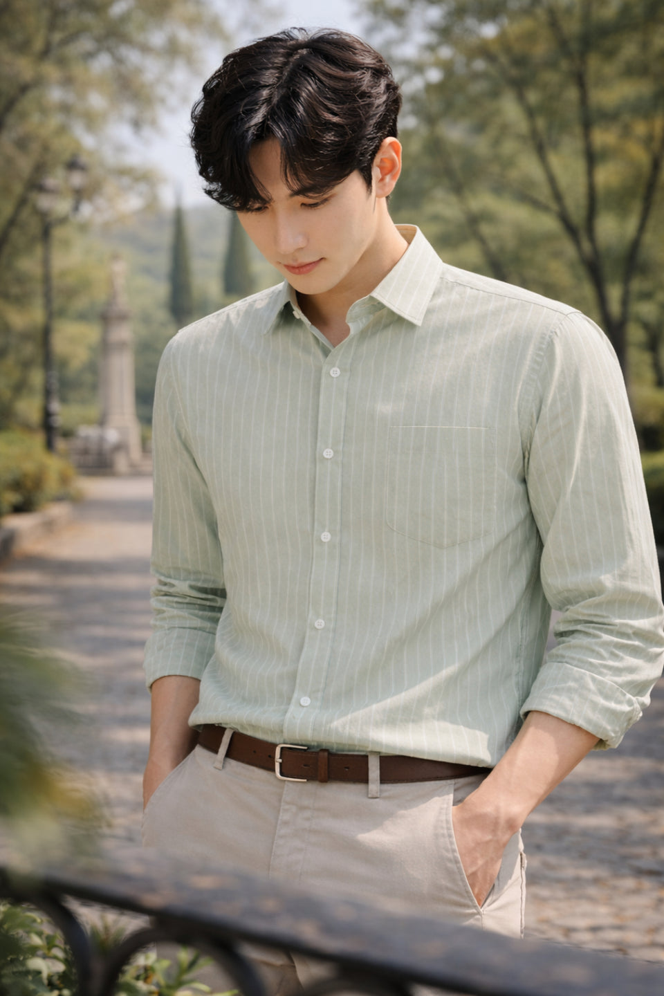Mens Light Green Striped Slim Fit Casual Shirt