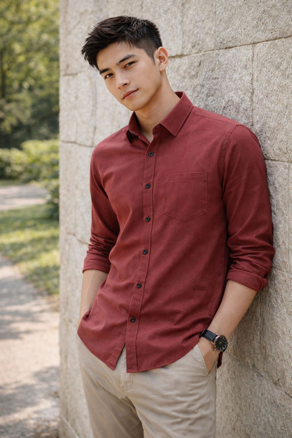 Mens Rust Red Slim Fit Casual Shirt