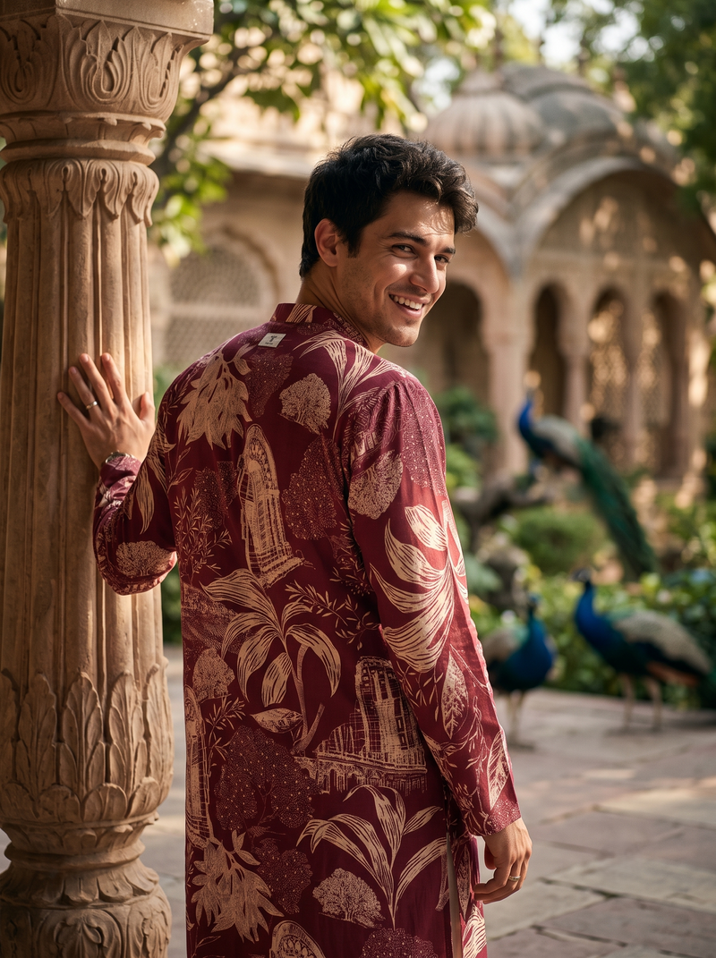Men's Maroon Floral & Architectural Print Art Silk Blend Kurta 9