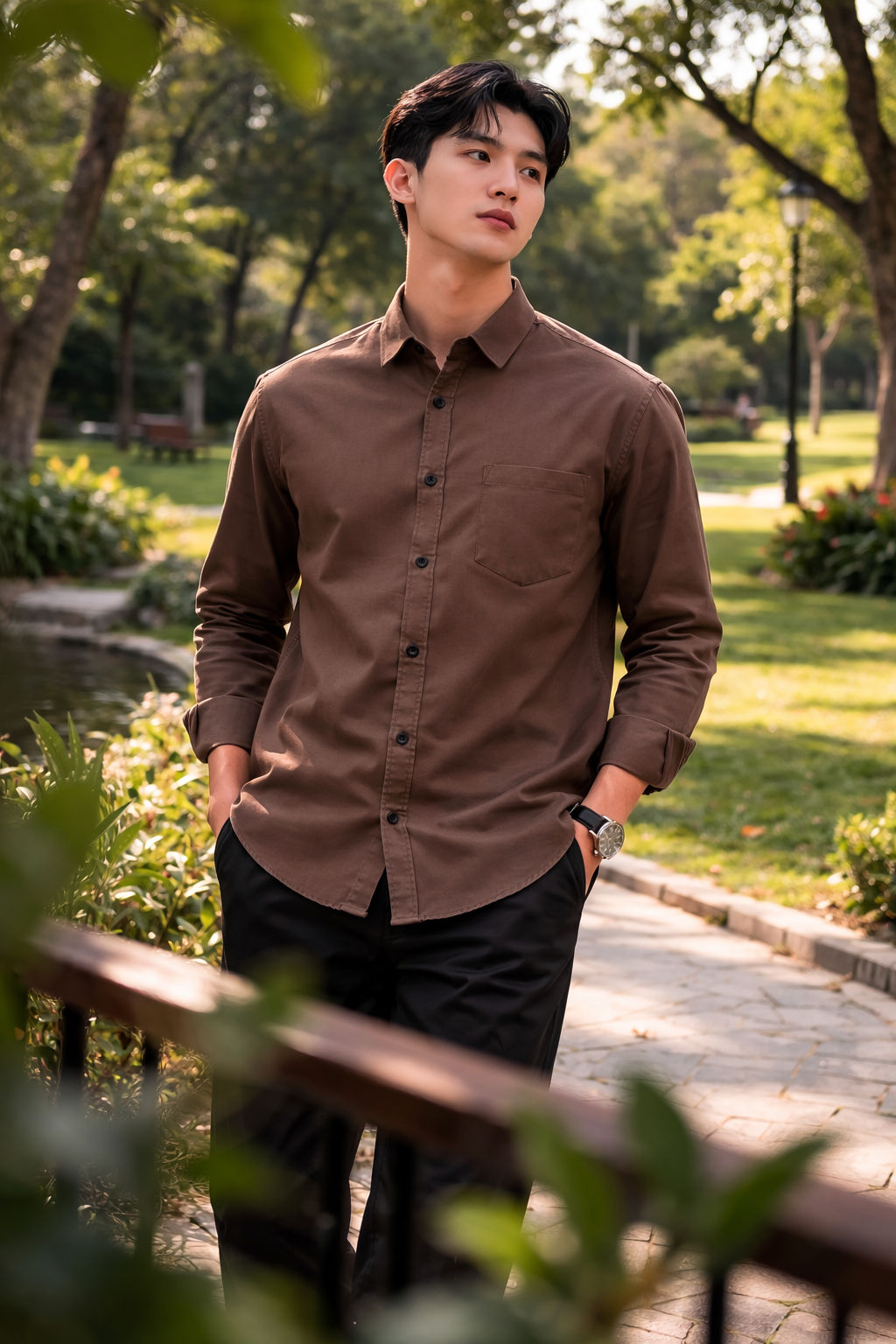 Mens Brown Slim Fit Casual Shirt