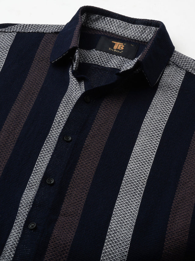 Cultured Crochet Jute Cotton Striped Half Sleeves Shirt for Men