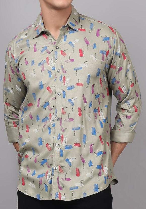 a man wearing a shirt with a pattern on it