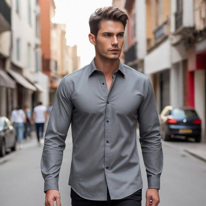 a man is walking down the street in a gray shirt