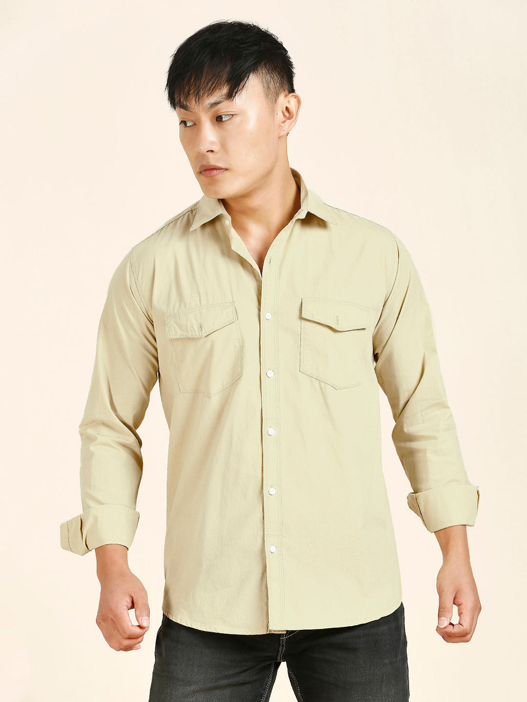 Cream Solid Double Pocket Men's Shirt