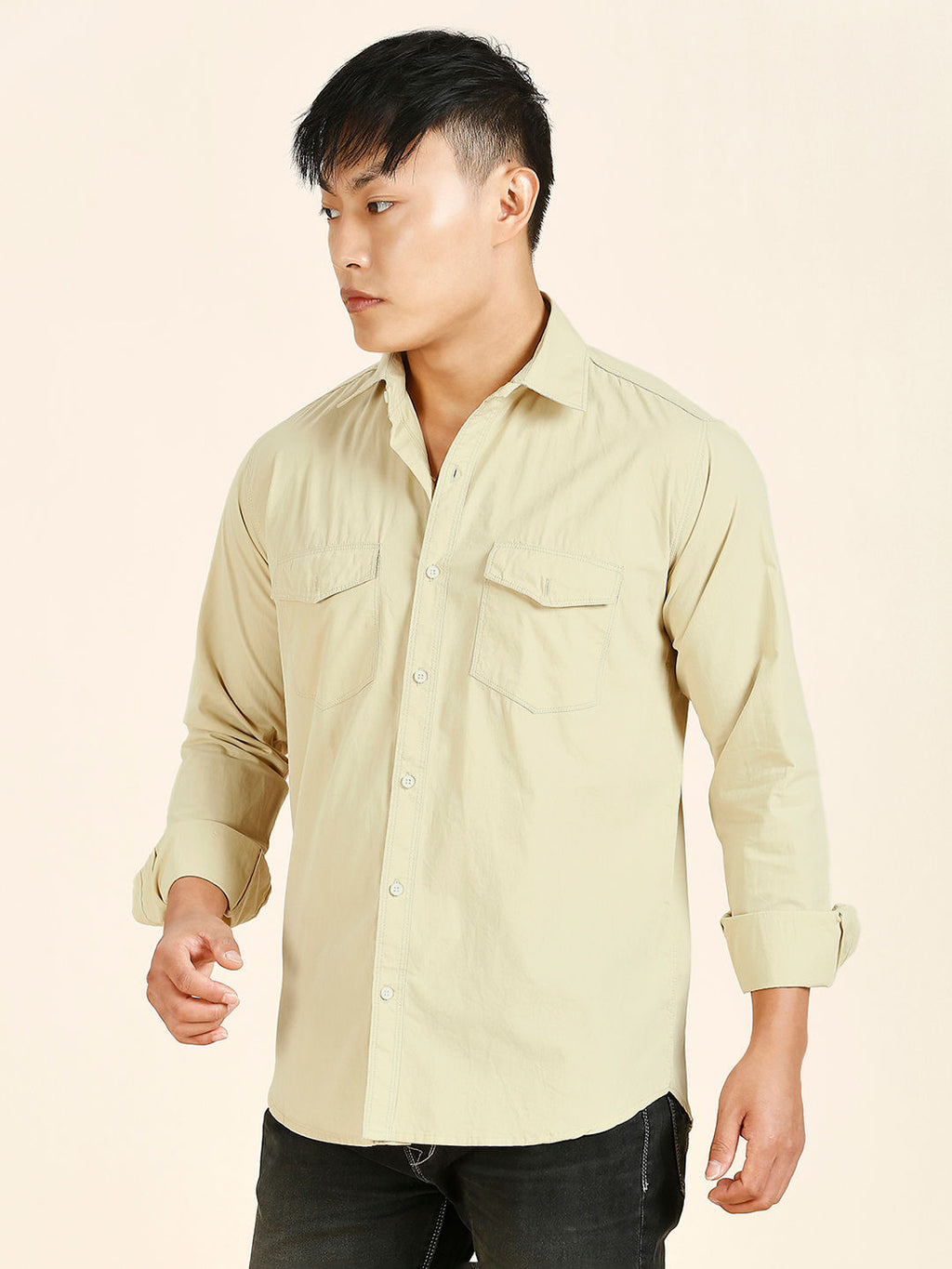 Cream Solid Double Pocket Men's Shirt