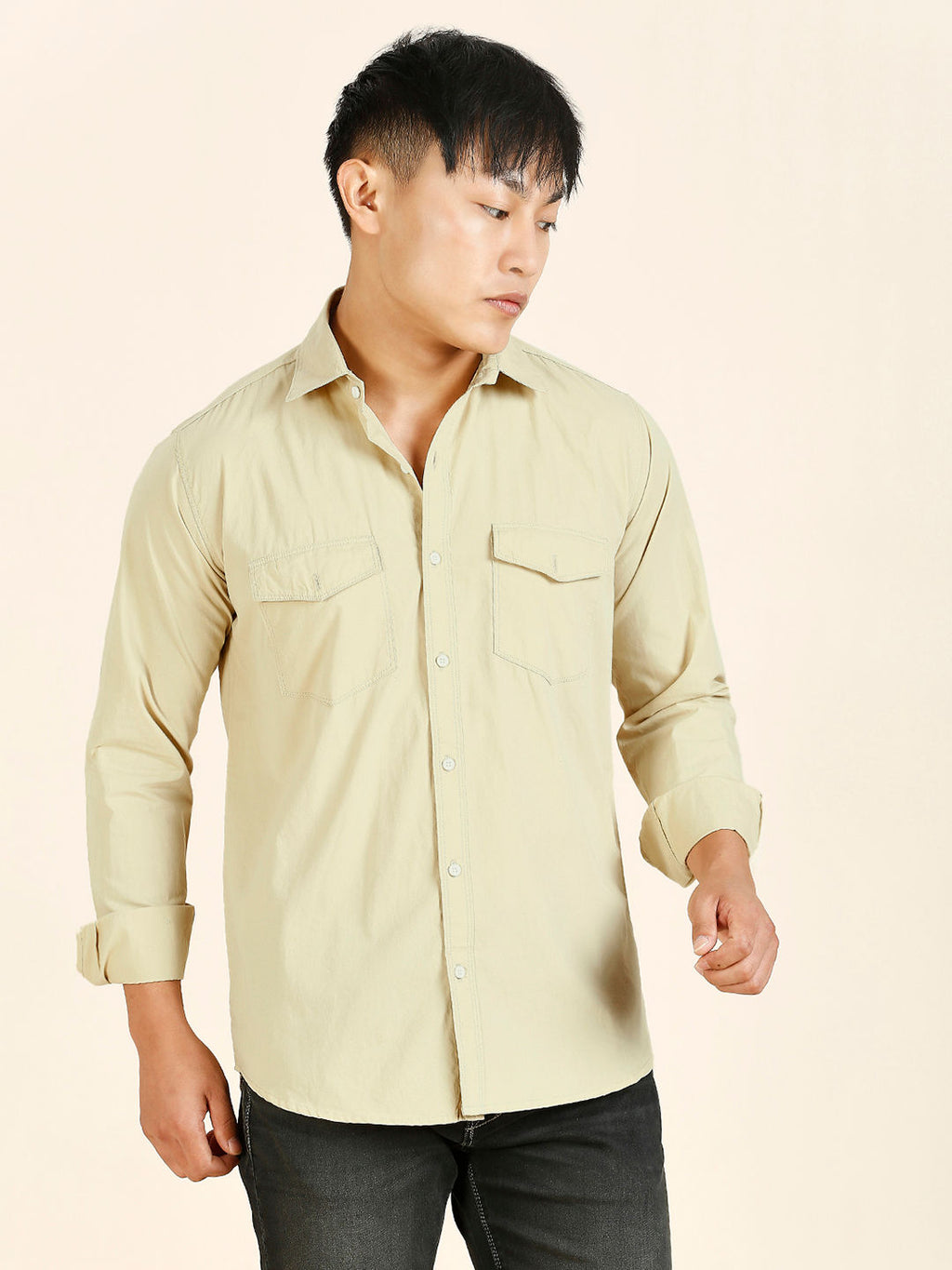 Cream Solid Double Pocket Men's Shirt