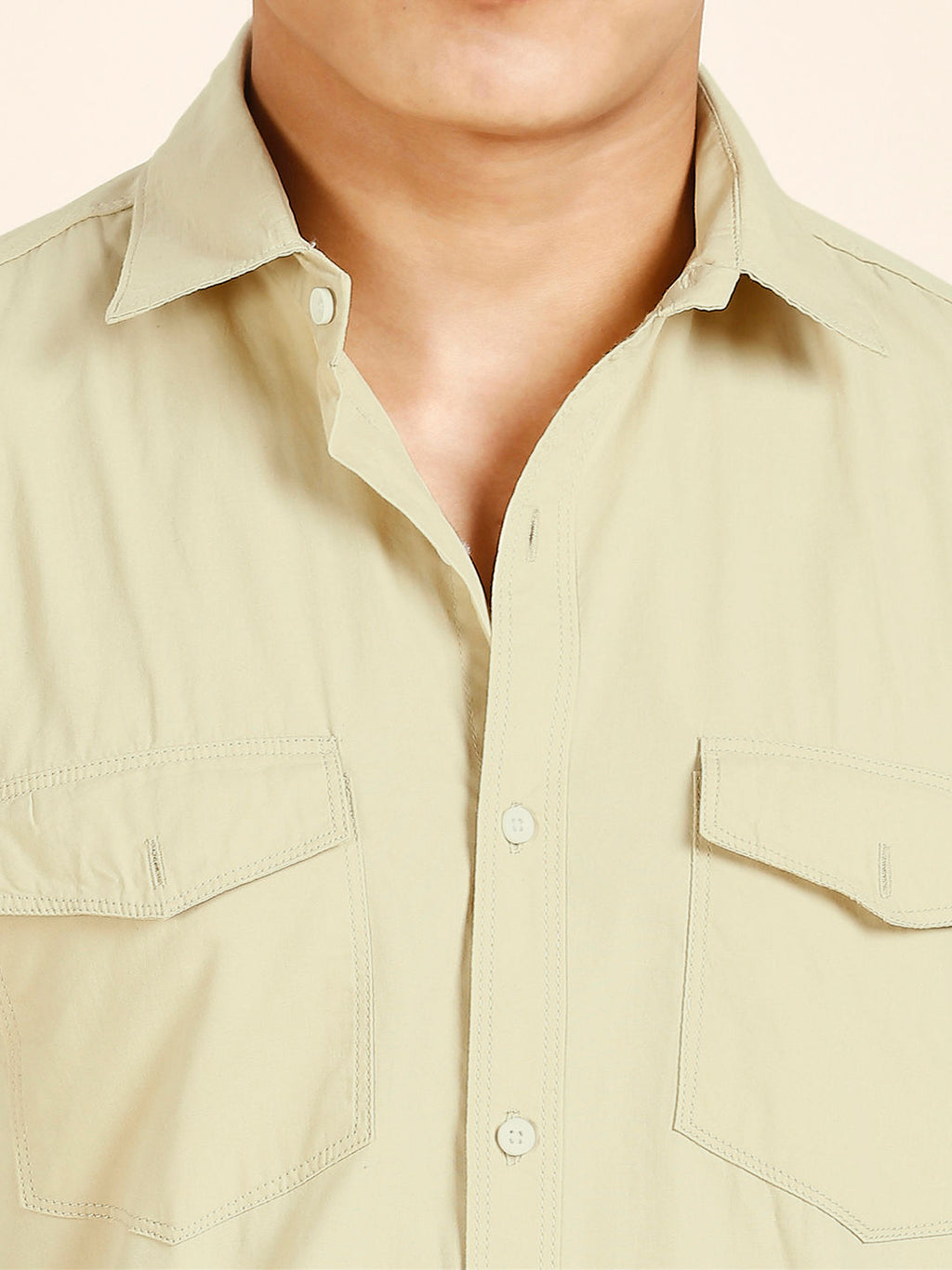Cream Solid Double Pocket Men's Shirt