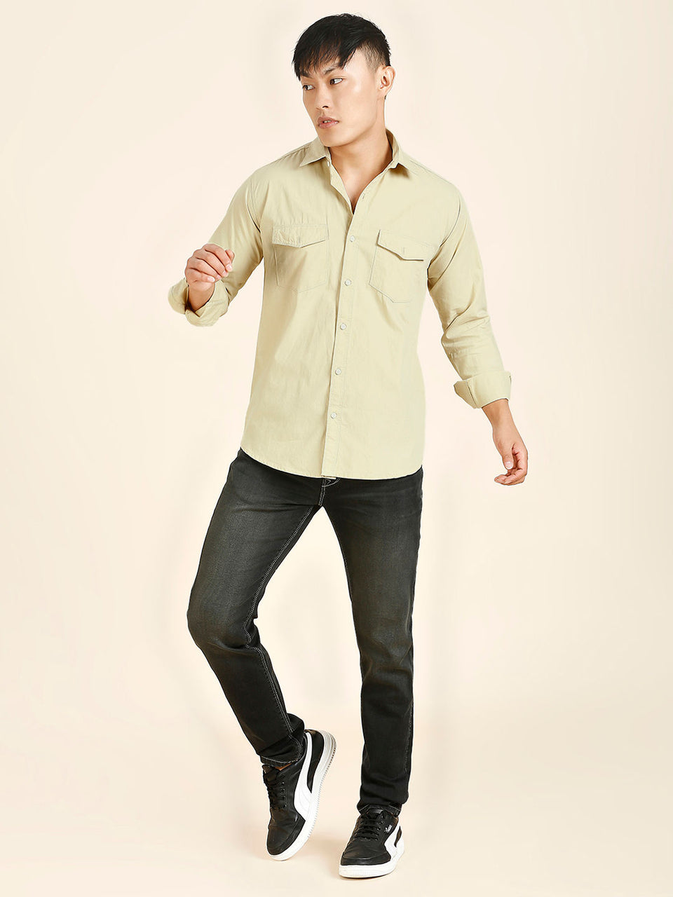 Cream solid double-pocket cotton shirt for men front view
