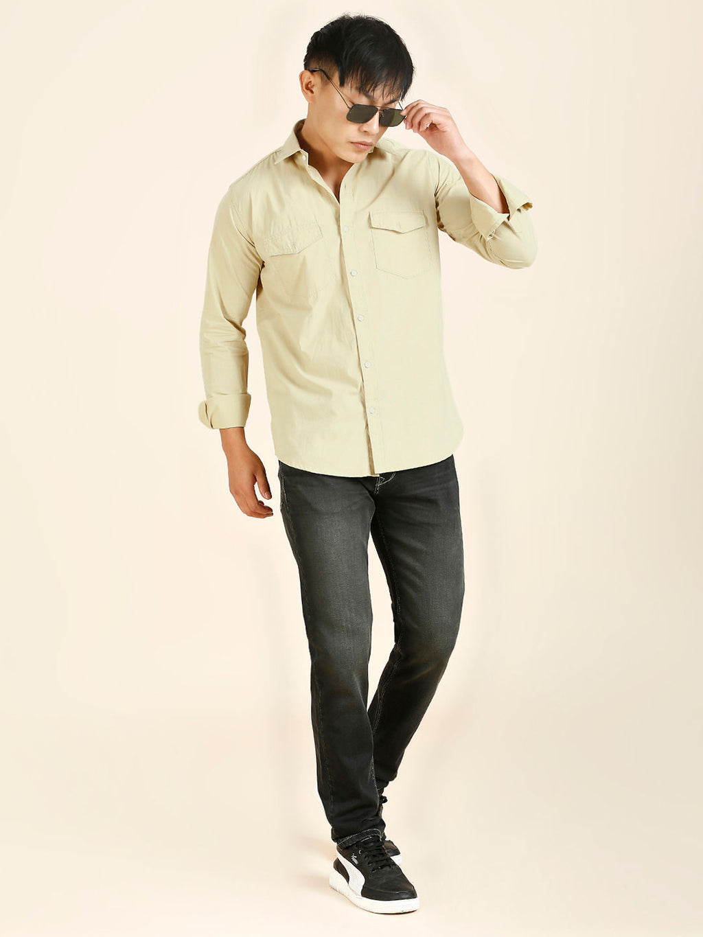 Cream Solid Double Pocket Men's Shirt
