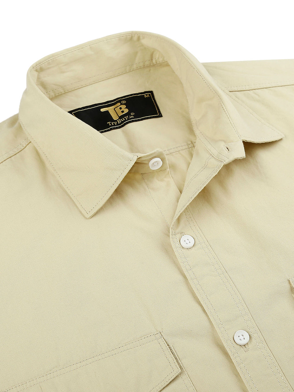 Cream Solid Double Pocket Men's Shirt