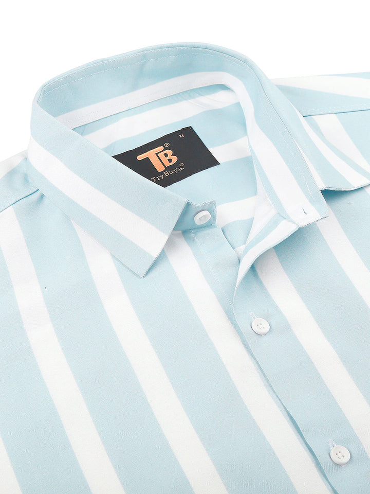 a blue and white striped shirt with a tag on it