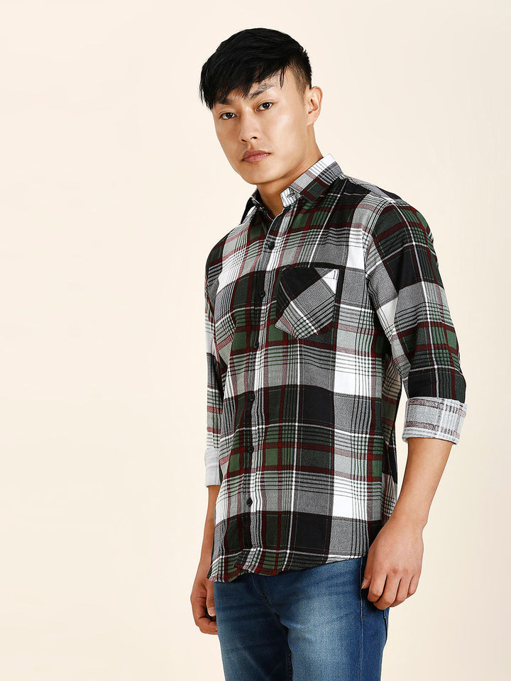 a man in a black and white plaid shirt