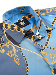 a blue shirt with a gold and black design on it