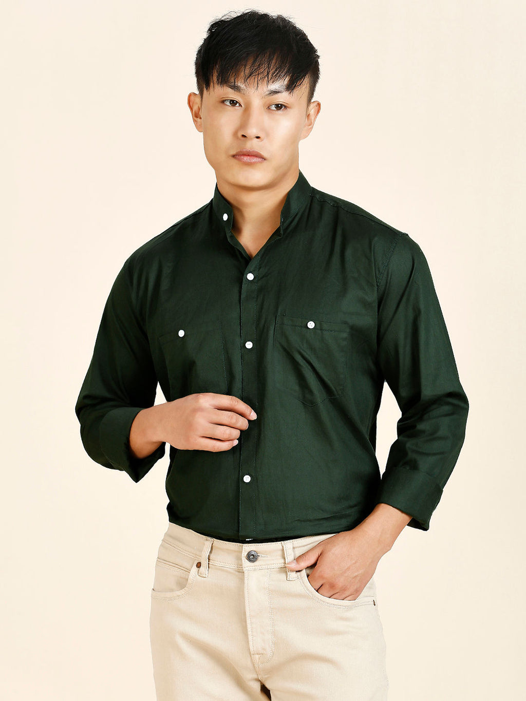 Green Solid Double Pocket Mandarin Men's Shirt