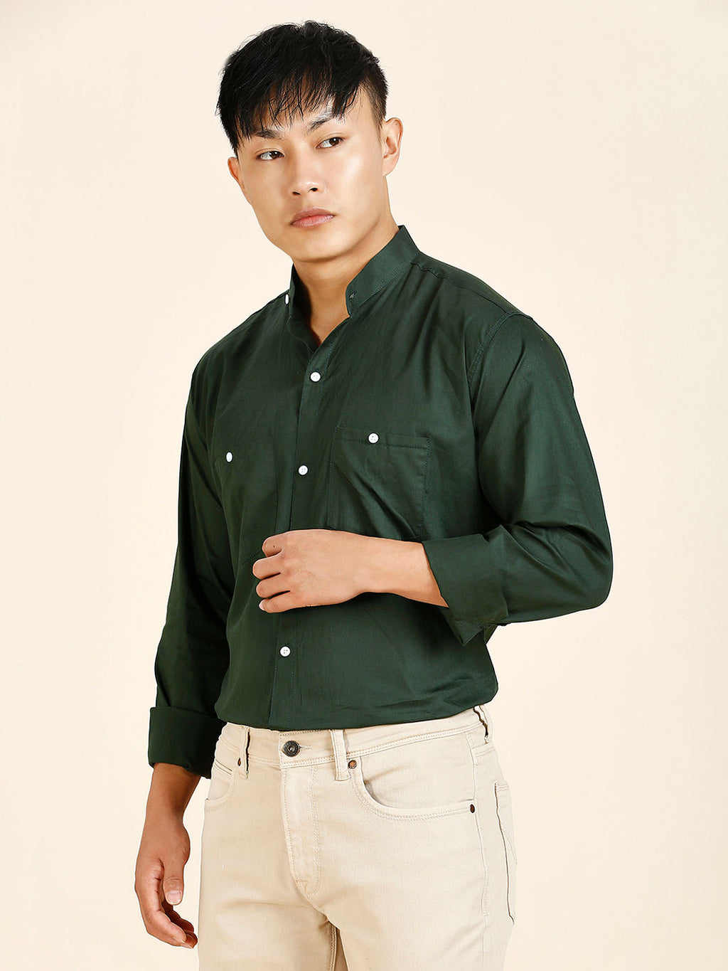 Green Solid Double Pocket Mandarin Men's Shirt