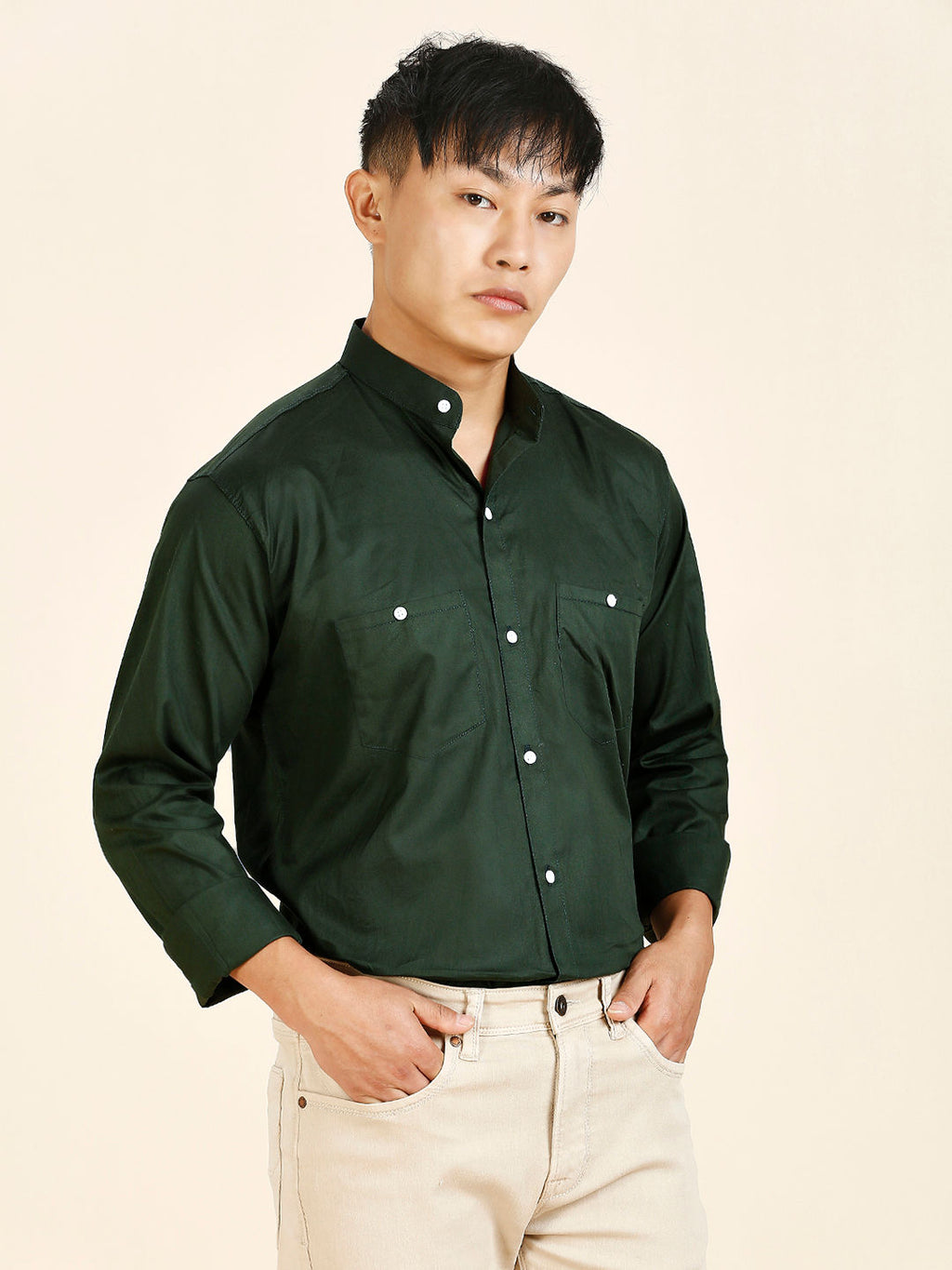 Green Solid Double Pocket Mandarin Men's Shirt