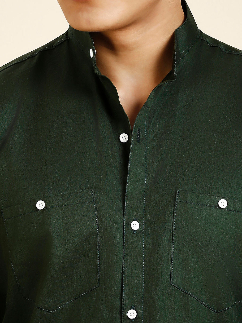 Green Solid Double Pocket Mandarin Men's Shirt