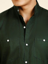 Green Solid Double Pocket Mandarin Men's Shirt 6
